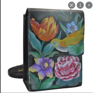 NWT Anuschka Leather Hand Painted Triple Compartment Crossbody  -Vintage Bouquet